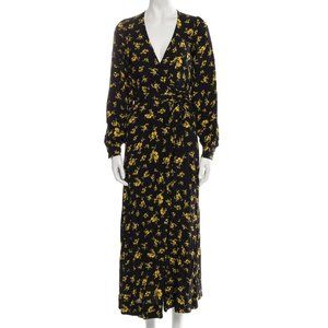 GANNI MAXI Printed Crepe Waist Tie Wrap Dress